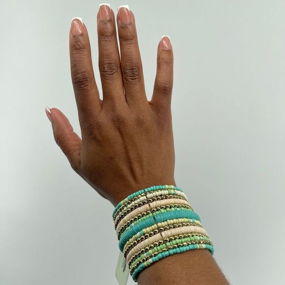 Icon Collection Boho Teal Cream Heishi Bead Multi-Layer Wrap Cuff Bracelet NWT - Picture 6 of 7